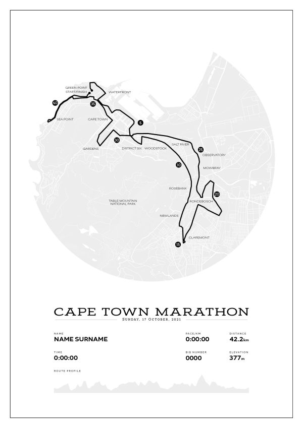 Cape Town Marathon Map - Black and White | Zero One One Running Co.